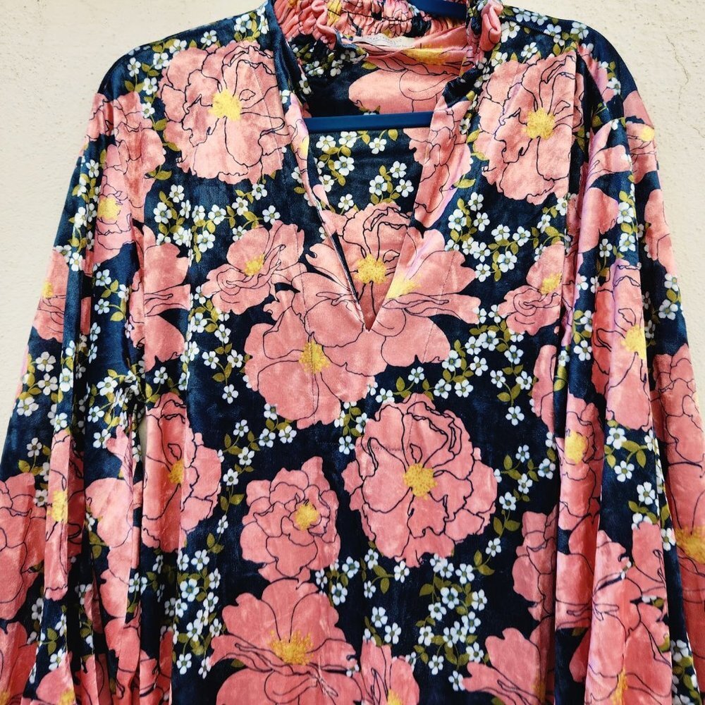 ZARA Floral Velvet Puff Sleeve Kaftan Midi Dress - Picture 5 of 10